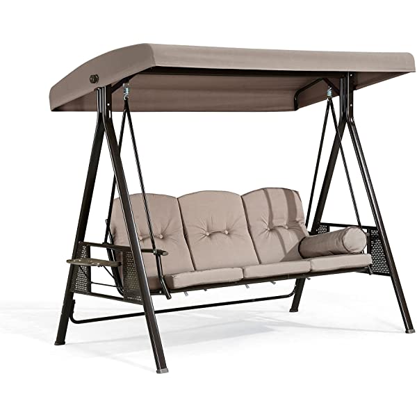 PURPLE LEAF 3-Seat Deluxe Outdoor Patio Porch Swing with Weather Resistant Steel Frame, Adjustable Tilt Canopy, Cushions and Pillow Included, Beige 74.4