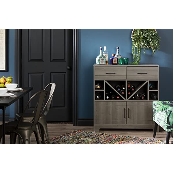 South Shore Vietti Bar Cabinet with Liquor and Wine Bottle Storage with Drawers, Black Oak with Metal Handles