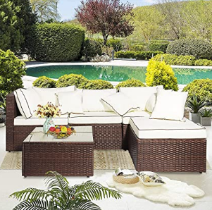 AWQM 5 Pieces Patio Furniture Sets All Weather Outdoor Sectional Sofa Manual Weaving Wicker Rattan Patio Conversation Set with Cushion and Glass Table, Brown