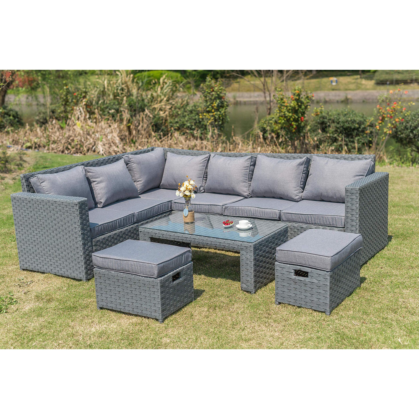 YAKOE 50110 New Conservatory Modular 8 Seater Rattan Corner Sofa Set - Grey