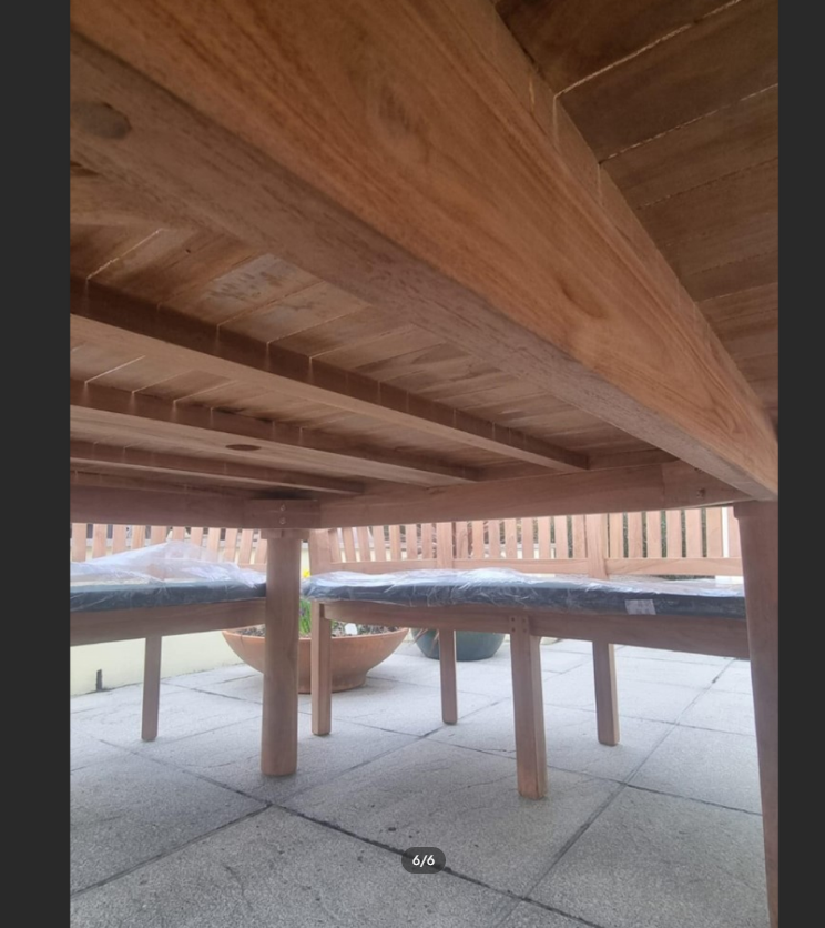 Teak garden dining set. 1.8m “Titan” round table, 4 bowwood style seats