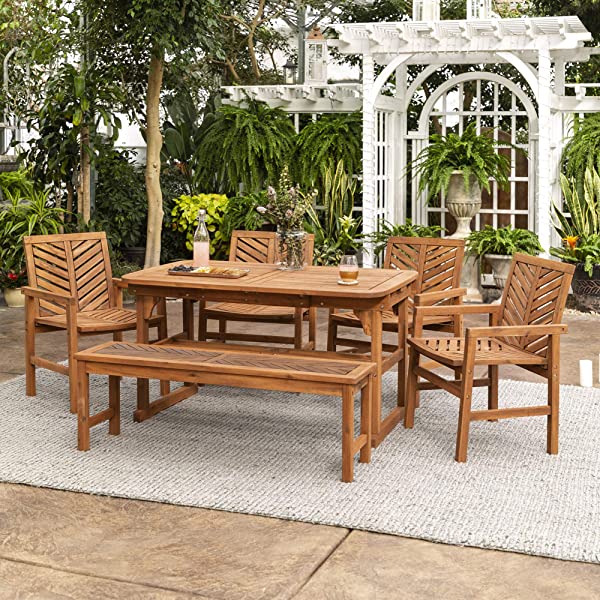 Walker Edison 5 Person Outdoor Wood Chevron Patio Furniture Dining Set Table Chairs Bench All Weather Backyard Conversation Garden Poolside Balcony, 4 Piece, Brown Brown 4 Piece Dining Set
