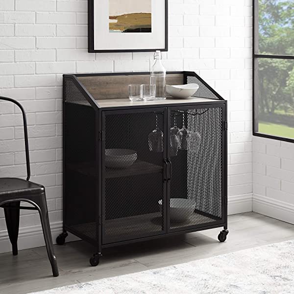 Walker Edison Malcomb Urban Industrial Metal Mesh Double Door Rolling Bar Cabinet, 33 Inch, Rustic Oak Rustic Oak 33 Inch