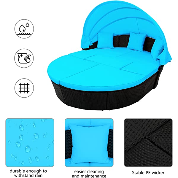 Merax All-Weather Outdoor Sectional Sofa Conversation Set Rattan Daybed Sunbed with Retractable Canopy, Separate Seating and Removable Blue Cushions Brown+blue