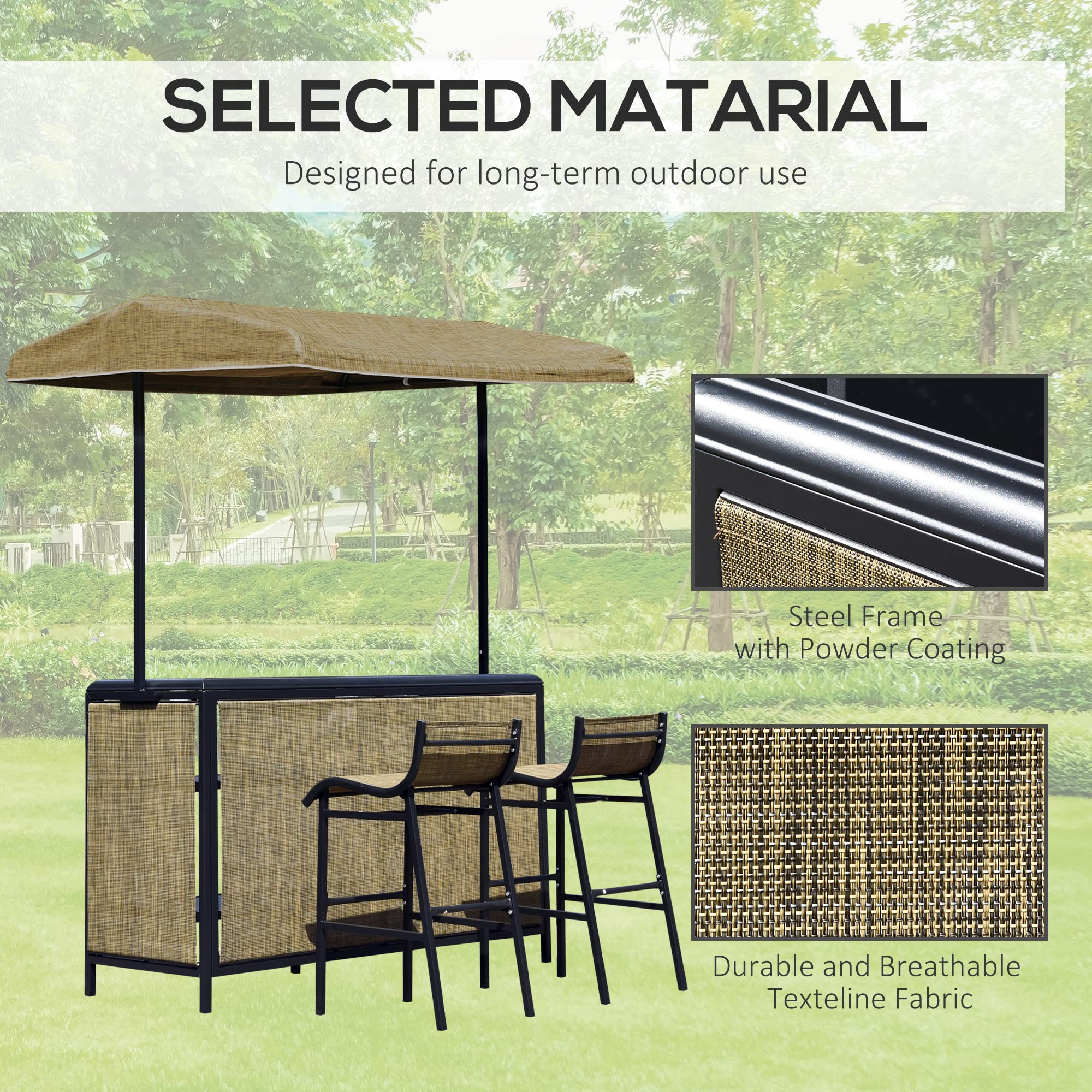 【Home&Garden】3 Pcs Outdoor Bar Set for 2 with Canopy, Rectangular Table with Storage Shelves & 2 Bar Chairs
