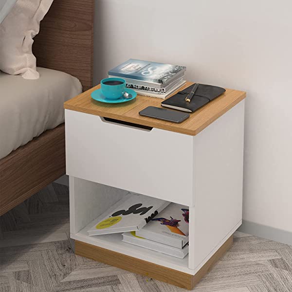 Elekin Nightstand with Drawer Bedroom Furniture End Table Side Stand Table for Bed File Cabinet Storage Table for Home Office Bedside Cabinets with Sliding Drawer and Shelf
