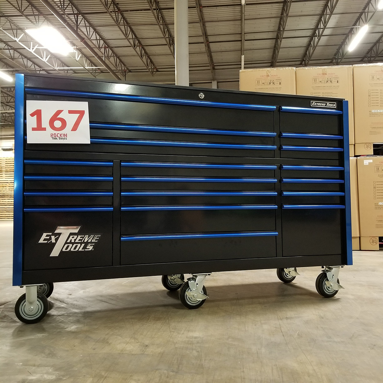 used toolboxShowroom Demo, Extreme Tools RX Series 72 19 Drawers 25 Deep Roller Cabinet, Black-Blue, 150 lbs. Slides