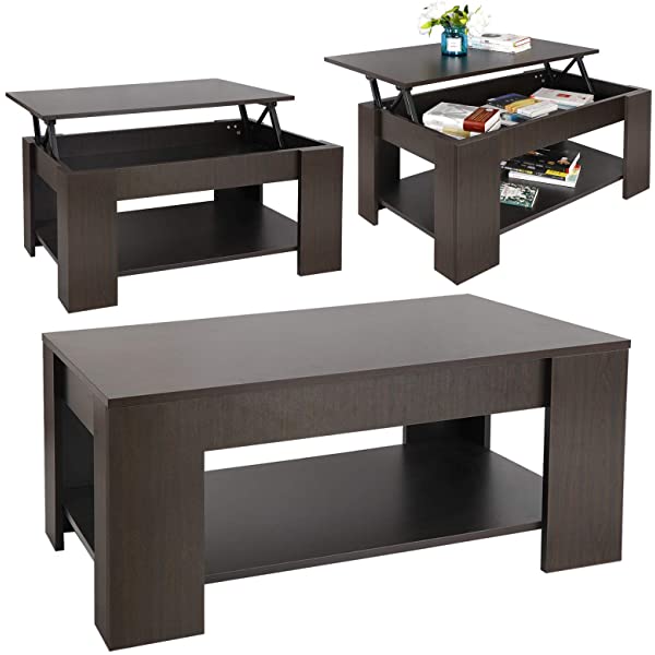 SUPER DEAL Lift Top Coffee Table w/Hidden Compartment and Storage Shelves Pop-Up Storage Cocktail Table for Living Room Reception Room Espresso