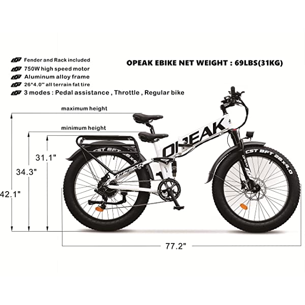 Opeak Ebike Foldable Electric Bike 750W High Speed Motor, 12AH Removable 48V Ebike Battery, 8 Speed, 26’’4.0 Fat Tire Electric Bike Folding Ebikes for Adults, E Bikes for Women and Men UNIK - white