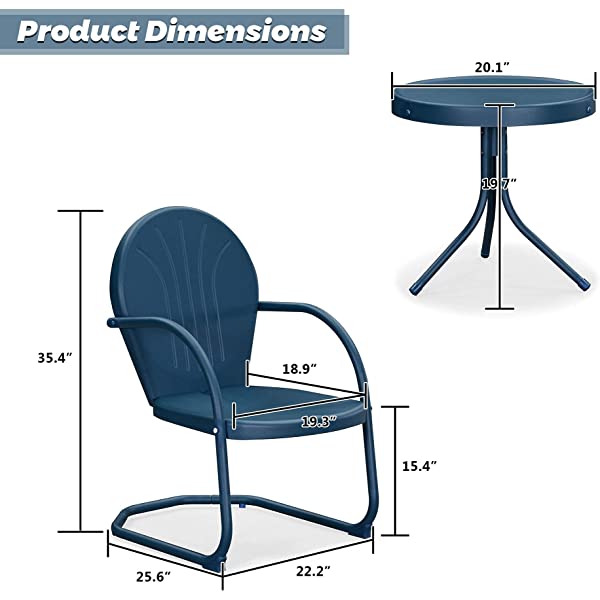 PURPLE LEAF Outdoor Patio Bistro Set, 3 Pieces Retro Porch Furniture Set 2 C-Spring Metal Outdoor Chairs and Round Side Table, Blue