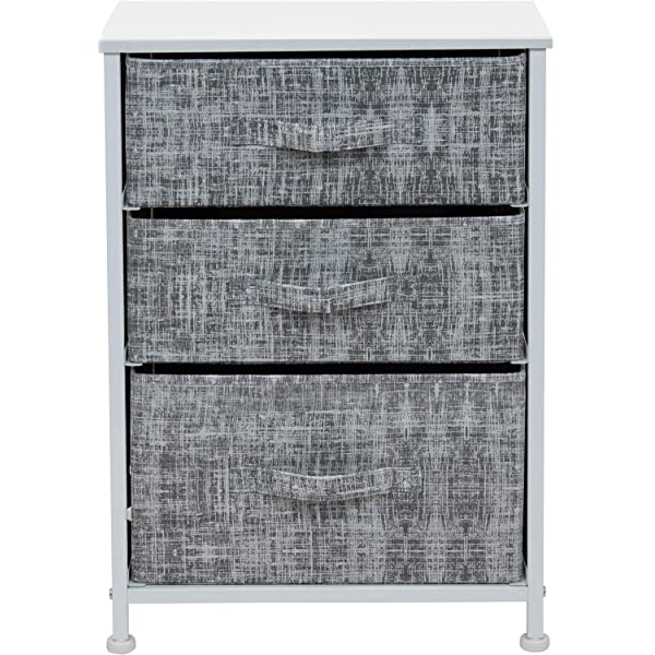 Sorbus Nightstand with 3 Drawers - Bedside Furniture & Accent End Table Chest for Home, Bedroom Accessories, Office, College Dorm, Steel Frame, Wood Top, Easy Pull Fabric Bins (Gray) Grey