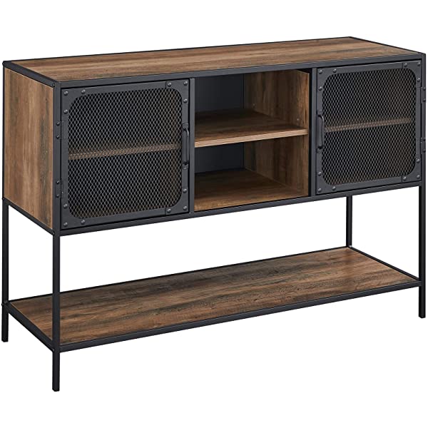 Walker Edison Malcomb Urban Industrial Metal Mesh Double Door Rolling Bar Cabinet, 33 Inch, Rustic Oak Rustic Oak 33 Inch