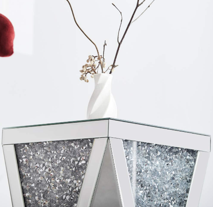 Mirrored End Table with Crystal Inlay, Square Modern Side Table Silver Accent Table, Drum End Table for Living Room Bedroom from MIREO Fine Furniture